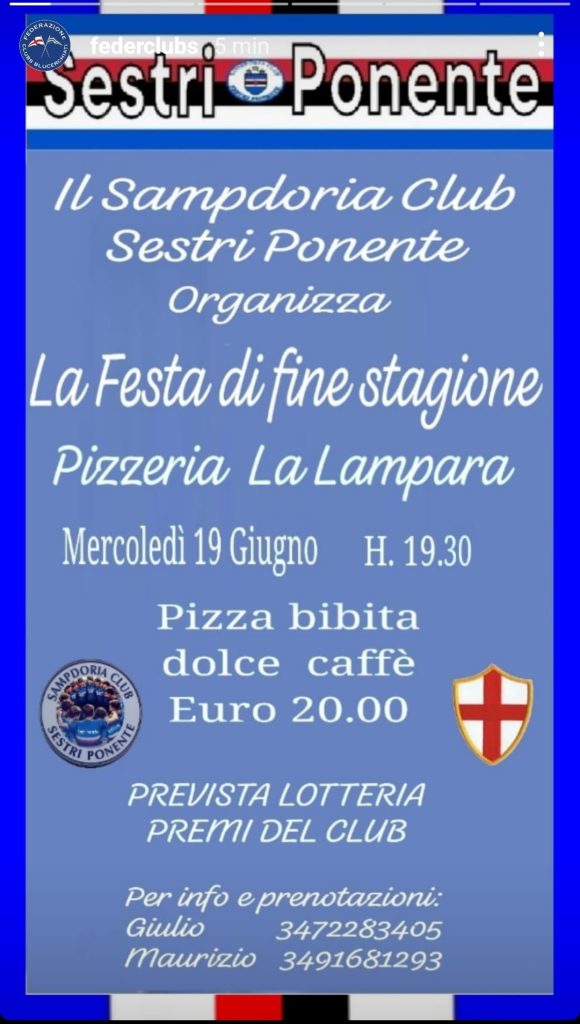 Sampdoria, il Club Sestri Ponente organizza una festa di fine stagione ...